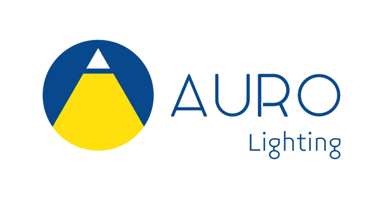 Fondo blanco con un símbolo y el nombre de la empresa que trabaja con luminaria Aurolighting en color azul y amarillo.