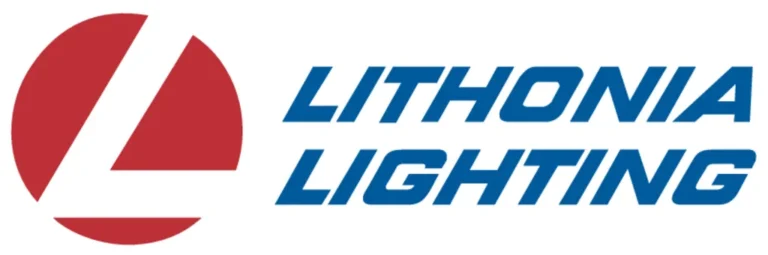 Fondo transparente con las palabras Lithonia Lighting rojas y azules parte de las marcas que usan la iluminación comercial.