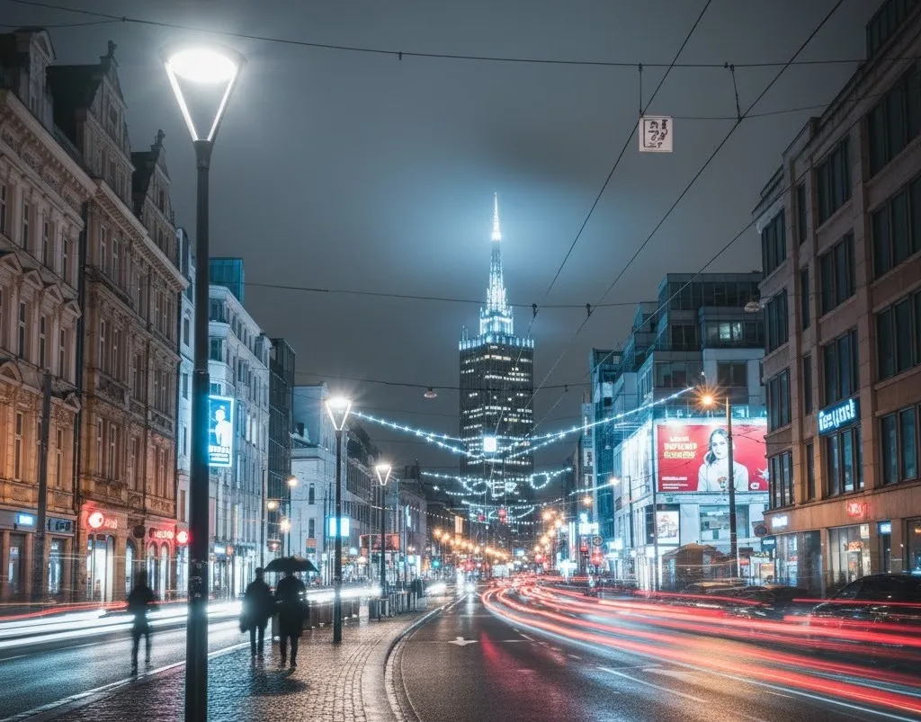 Fotografía de iluminación urbana de una ciudad durante la noche con edificios alrededor y personas transitando por el lugar.