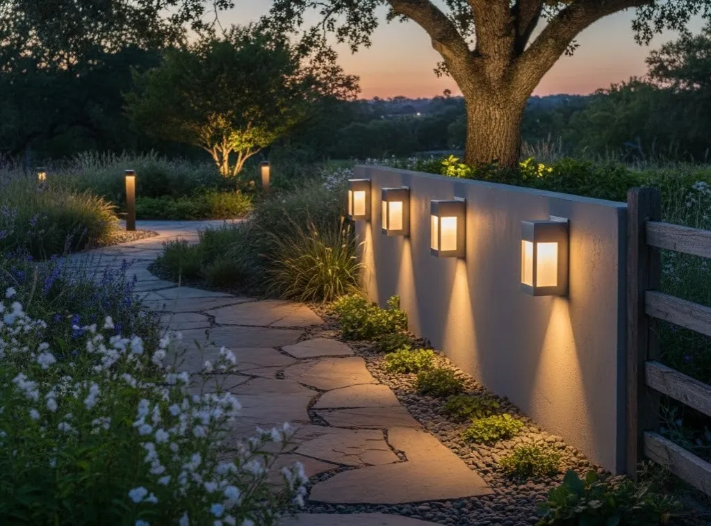 Fotografía desde afuera de una casa con luminarias para exteriores colocadas en una pared color blanco.