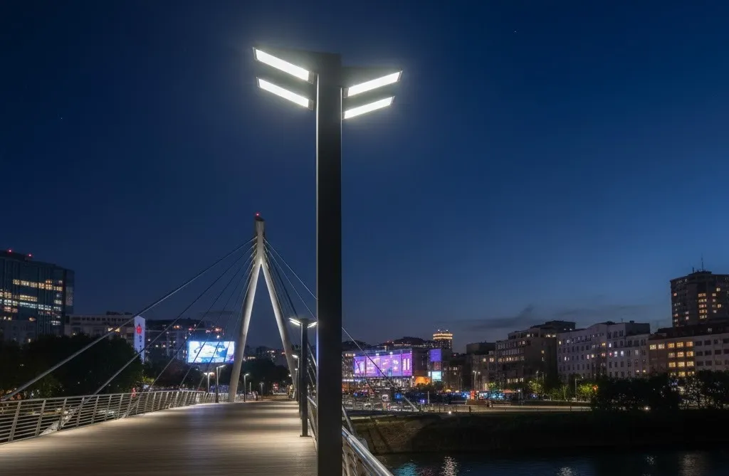 Fotografía durante la noche de un lugar público que cuenta con postes que son parte de la luminaria para exteriores.